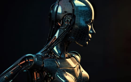 This is a detailed close up of a robots head adorned with headphones, highlighting its intricate design and features