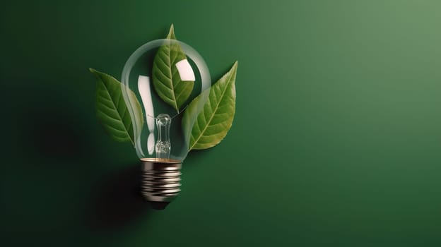 There is a unique light bulb that contains green leaves within it, set against a vibrant green background that enhances its beauty
