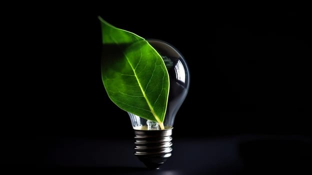 There is a unique light bulb that contains green leaves within it, set against a vibrant green background that enhances its beauty