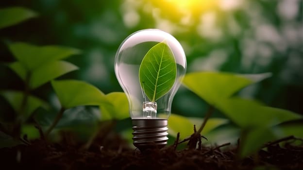 A bright light bulb is beautifully surrounded by lush green leaves, set against a dark background that enhances its glow and brilliance