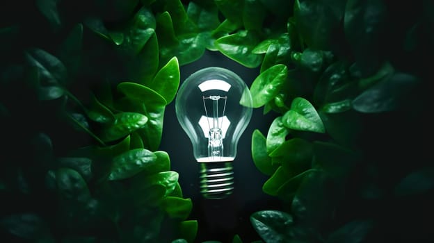 A bright light bulb is beautifully surrounded by lush green leaves, set against a dark background that enhances its glow and brilliance