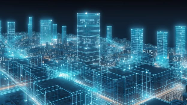 An illuminated aerial view showcasing a sprawling futuristic city at nighttime, filled with dazzling skyscrapers and vibrant lights