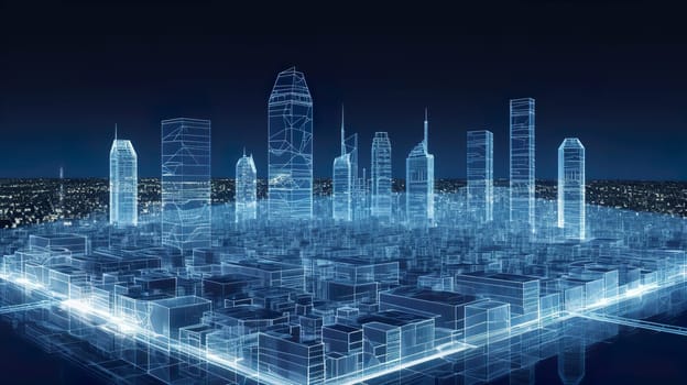 An expansive aerial view of a stunning futuristic city, illuminated beautifully at night, showcasing its vibrant energy and innovation
