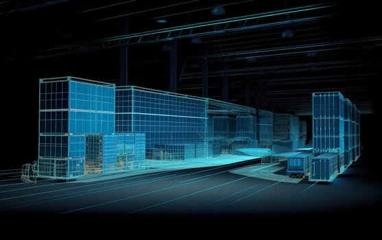 This is a computergenerated image showcasing a large warehouse featuring numerous blue boxes, creating a visually intriguing urban design