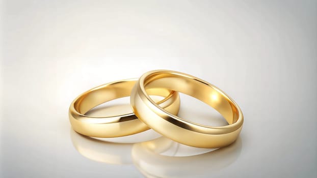 Two golden rings on light grey background. Ai generated image