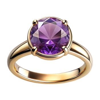 Gold ring with natural amethyst, isolated on white background. Front view. Ai generated