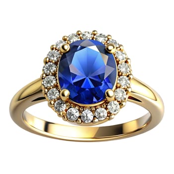 Blue Sapphire And Diamonds Gold Ring, Isolated On White Background, Front View. Ai generated