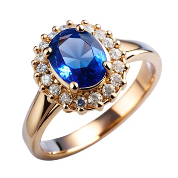 Blue Sapphire And Diamonds Gold Ring, Isolated On White Background. Ai generated