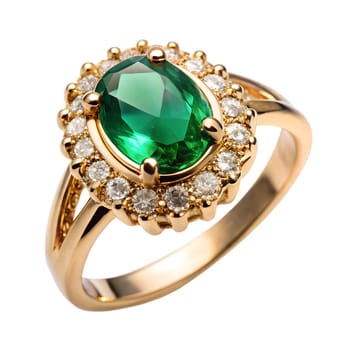 Gold ring with green sapphire and diamond, isolated on white background. Ai generated