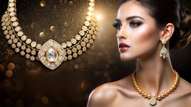 Beautiful girl with golden and diamonds jewelry set. Woman in a necklace and earrings on dark background. Jewelry advertising banner. Ai generated image