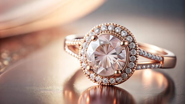 Jewelry pink gemstone and diamonds ring on pink gold background close up. Copy space. Jewelry advertising. Ai generated