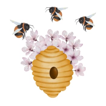 Beehive with bees watercolor. Hand drawn bee house with flowers and bumblebees on isolated white background. Clip art of bumblebee dwelling. Ideal for honey shop design, natural cosmetics and bee products. High quality illustration