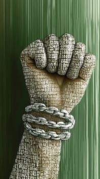 Powerful fist, adorned with intricate patterns, is breaking free from heavy chains, symbolizing the struggle for freedom and equality