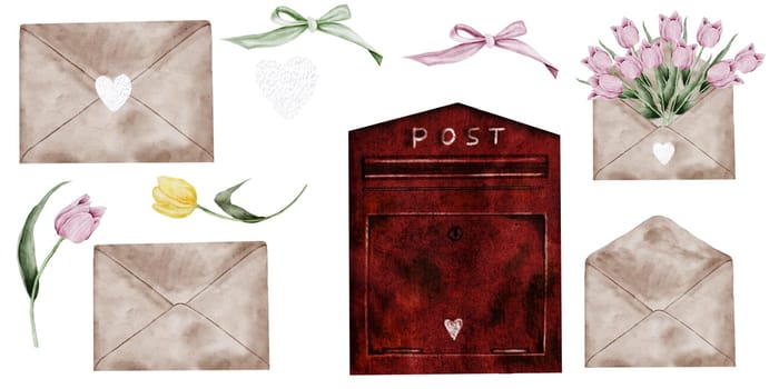 Mail watercolor set. Vintage mailbox, letter container. Letters, envelopes and flowers tulips. Isolated clip art on white background. Ideal for postcards for Postal Day, Postal Worker. High quality illustration