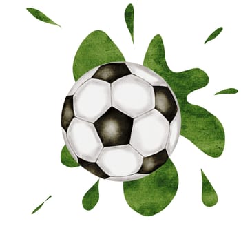 Soccer ball watercolor. Football ball and green splashes hand drawn illustration isolated on white background. Sports equipment. For football club logo, poster and football match tickets. High quality illustration