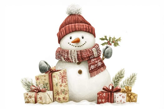 Snowman in a red knitted hat with gifts on snow