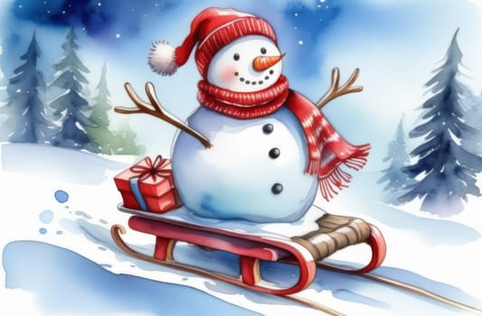 A snowman is riding down a sled with presents