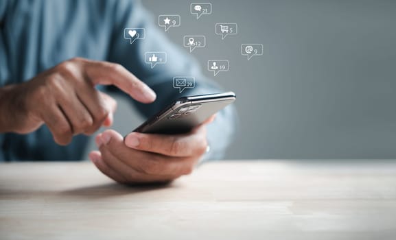 Smartphone-enabled conversation man chats online, discussing live chat and social network concepts. Chat box icons appear, symbolizing modern communication in home office.