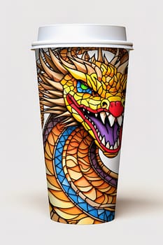 A paper coffee cup with an image of a dragon, the symbol of the year. High quality illustration