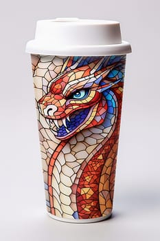 A paper coffee cup with an image of a dragon, the symbol of the year. High quality illustration