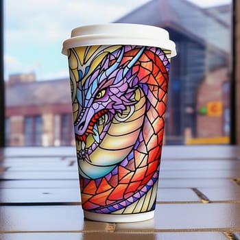 A paper coffee cup with an image of a dragon, the symbol of the year. High quality illustration