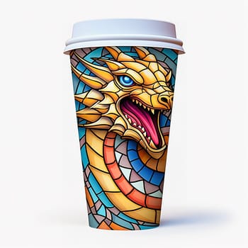 A paper coffee cup with an image of a dragon, the symbol of the year. High quality illustration