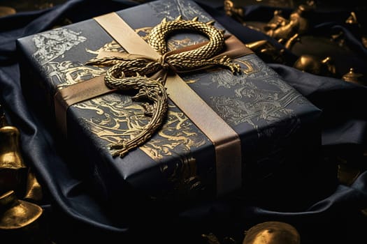 Black gift box with a dragon image. Symbol of the new year 2024. High quality photo