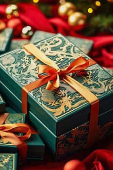 Green gift box with a dragon image. High quality photo