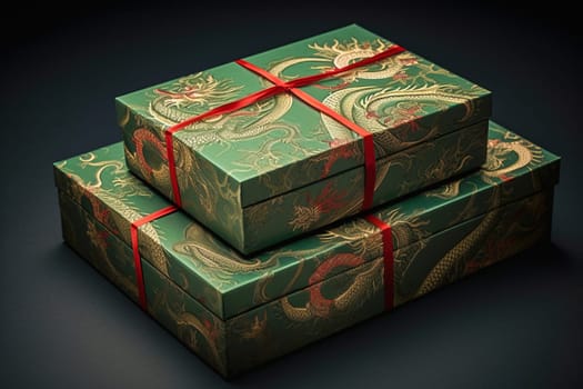 Green gift box with a dragon image. High quality photo