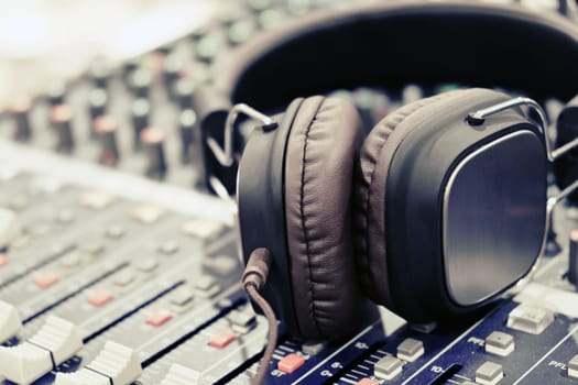 close up of Headphones on sound mixer