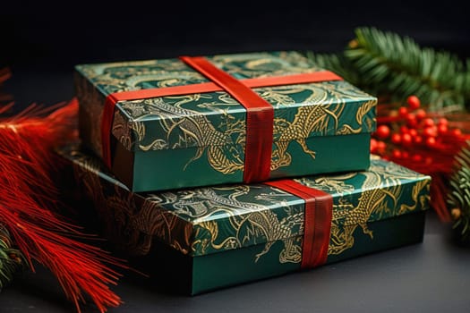 Green gift box with a dragon image. High quality photo