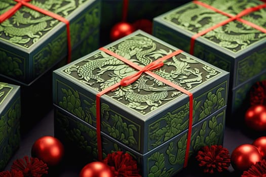 Green gift box with a dragon image. High quality photo