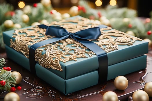 Blue gift box with a dragon image. High quality photo