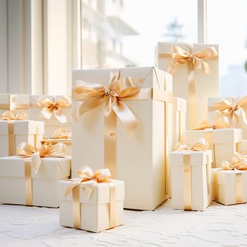 A white gift box is tied with a gold ribbon. High quality photo