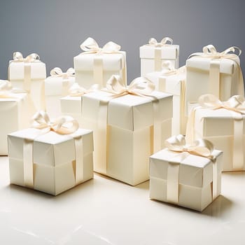 A white gift box is tied with a gold ribbon. High quality photo