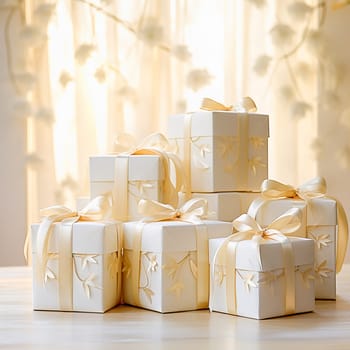 A white gift box is tied with a gold ribbon. High quality photo