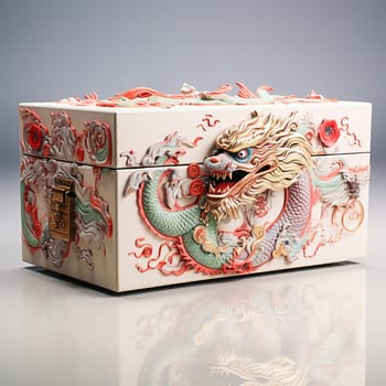 White gift box with a dragon image. High quality photo