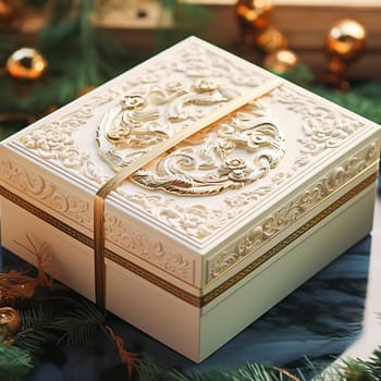 White gift box with a dragon image. High quality photo
