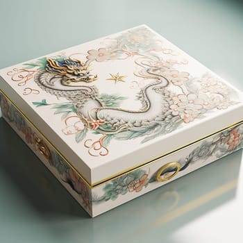 White gift box with a dragon image. High quality photo