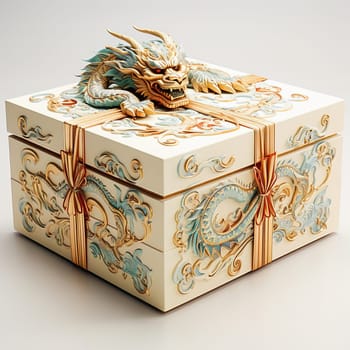 White gift box with a dragon image. High quality photo