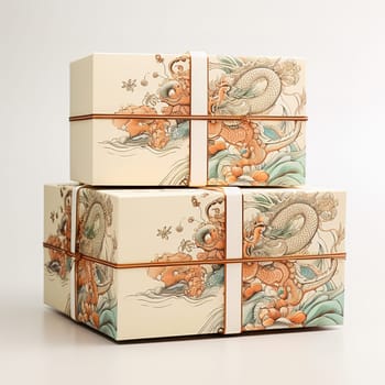 White gift box with a dragon image. High quality photo