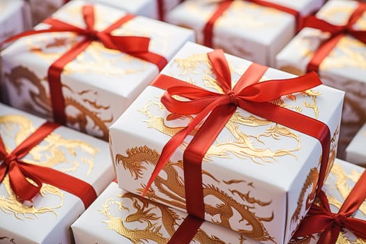 A white gift box with a dragon image is tied with a red ribbon. High quality photo