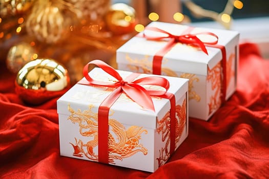 A white gift box with a dragon image is tied with a red ribbon. High quality photo