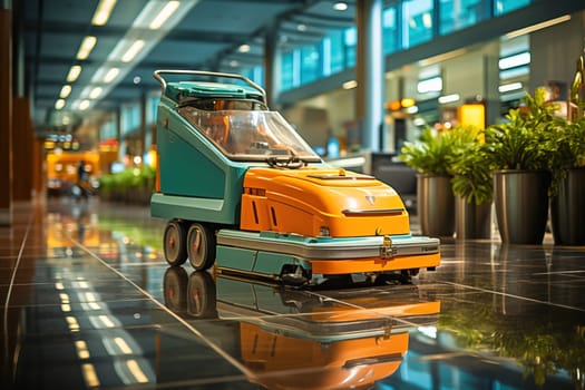 Modern fantastic robot machine for cleaning floors in shopping centers. High quality illustration