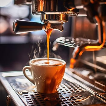 Modern coffee machine with a glass cup, coffee is poured into the cup. High quality photo