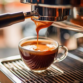 Modern coffee machine with a glass cup, coffee is poured into the cup. High quality photo