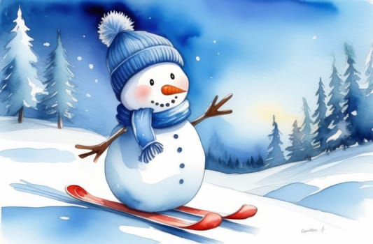 A snowman in a blue hat and scarf is skiing down
