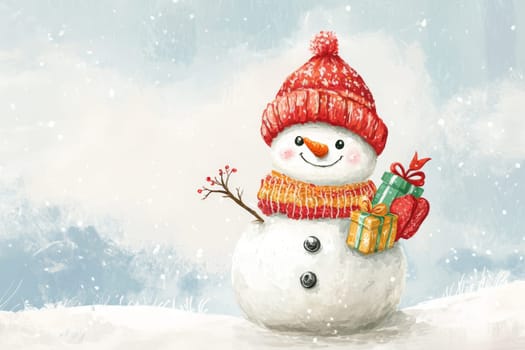 Snowman in a red knitted hat with gifts on snow