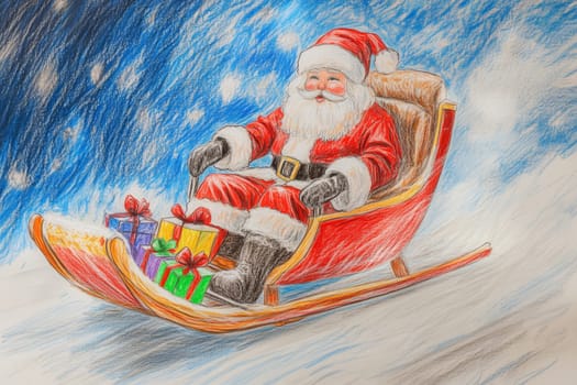 Santa Claus on a sleigh with gifts. Child's hand drawing with pencils.