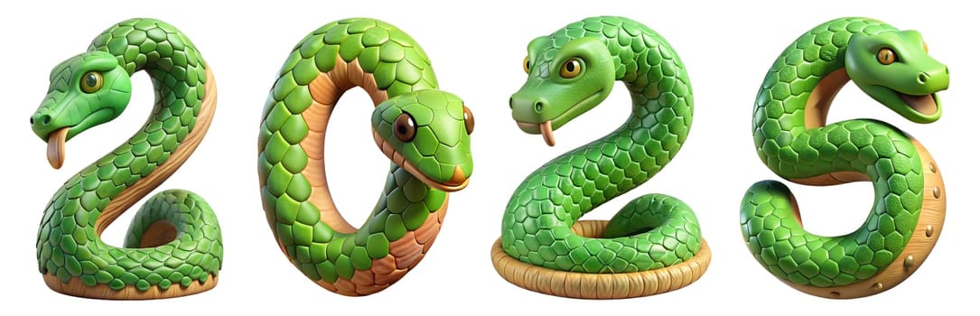 Three stylized green snakes are arranged to form the numerals 2025, showcasing vibrant colors and detailed textures, symbolizing creativity and artistry.